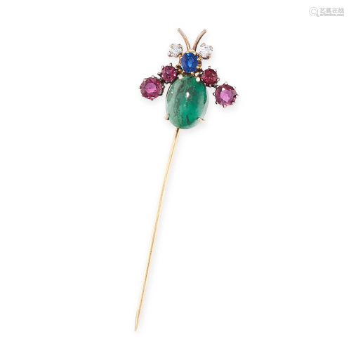 A GEM SET AND DIAMOND STICK PIN in 15ct gold, designed