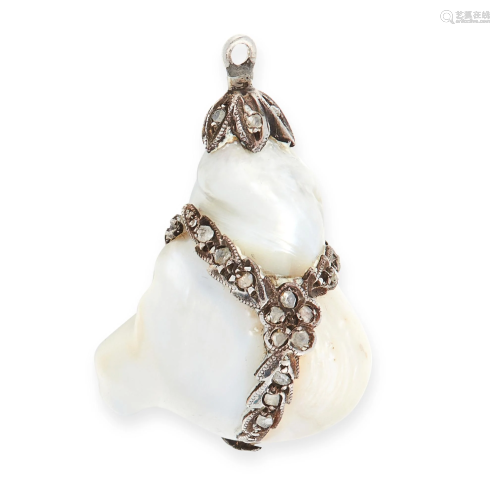 A NATURAL PEARL AND DIAMOND PENDANT in silver, formed