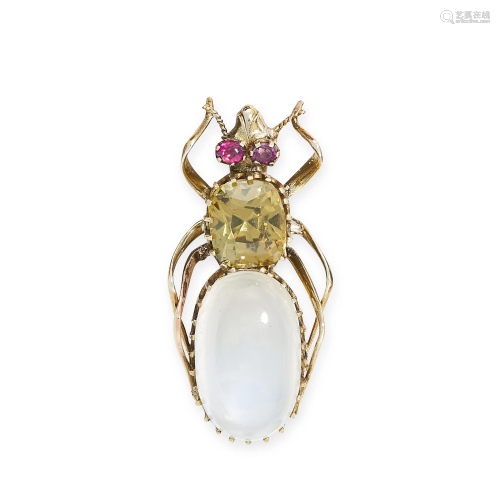 A MOONSTONE, RUBY AND CITRINE INSECT BROOCH in yellow