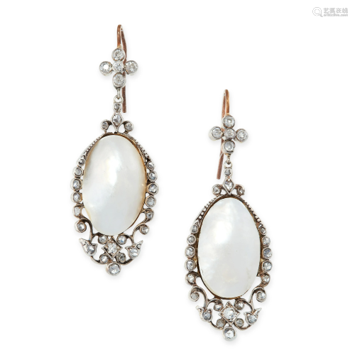A PAIR OF ANTIQUE PEARL AND DIAMOND EARRINGS in yellow