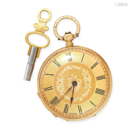 AN ANTIQUE POCKET WATCH AND KEY, BAUME GENEVE, 1844 in