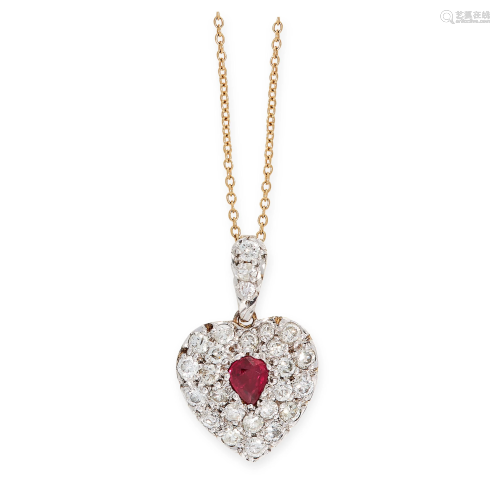 A RUBY AND DIAMOND HEART PENDANT in 15ct yellow gold,
