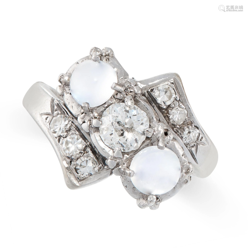 A MOONSTONE AND DIAMOND RING in 14ct white gold,…