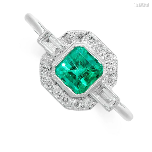 A COLOMBIAN EMERALD AND DIAMOND RING in 18ct white