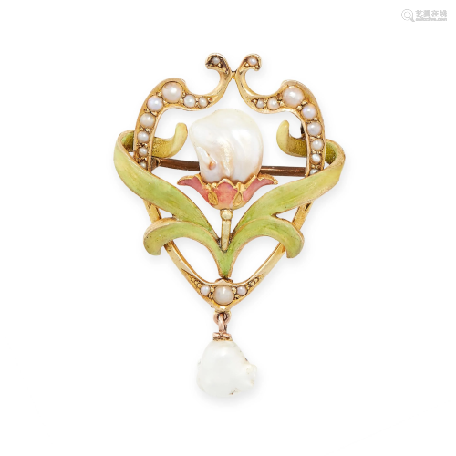 AN ART NOUVEAU PEARL AND ENAMEL BROOCH in yellow gold,