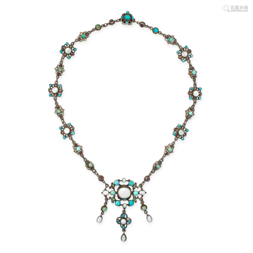 A TURQUOISE, PEARL, ENAMEL AND GARNET NECKLACE in