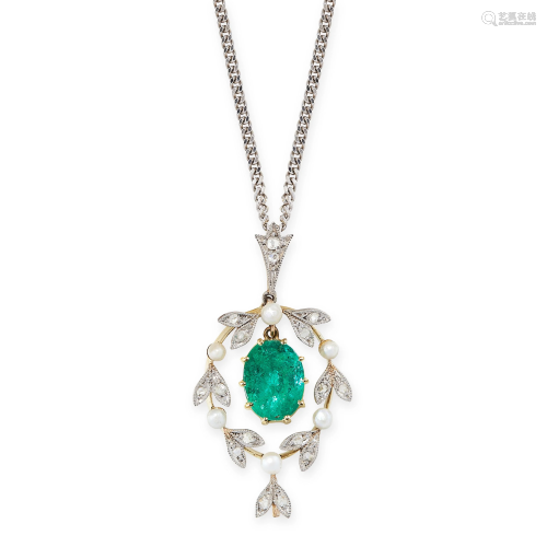 AN EMERALD, DIAMOND AND PEARL PENDANT AND CHAIN set