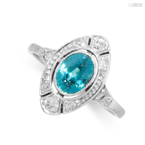 AN ART DECO BLUE ZIRCON AND DIAMOND RING the navette