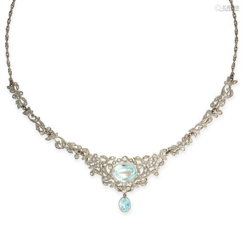 AN ANTIQUE AQUAMARINE AND DIAMOND NECKLACE set with a