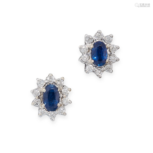 A PAIR OF SAPPHIRE AND DIAMOND STUD EARRINGS in cluster