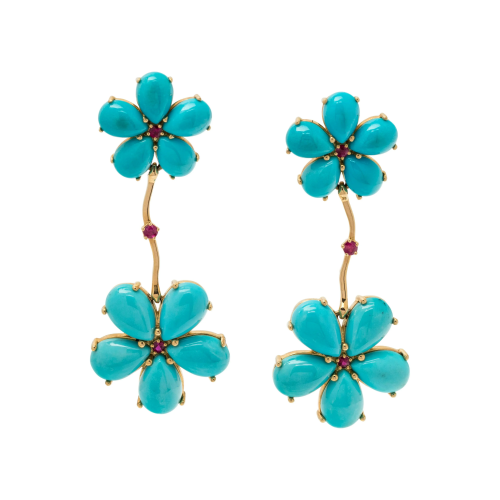 PAUL MORELLI, TURQUOISE AND RUBY FLOWER MOTIF EARRINGS