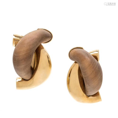 SEAMAN SCHEPPS, YELLOW GOLD AND WOOD EARCLIPS
