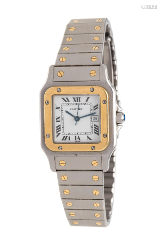 CARTIER, STAINLESS STEEL AND 18K YELLOW GOLD 'SANTOS'
