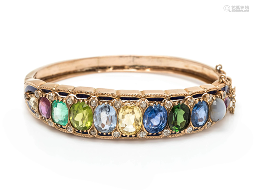 ANTIQUE, MULTIGEM, DIAMOND AND ENAMEL BANGLE B…