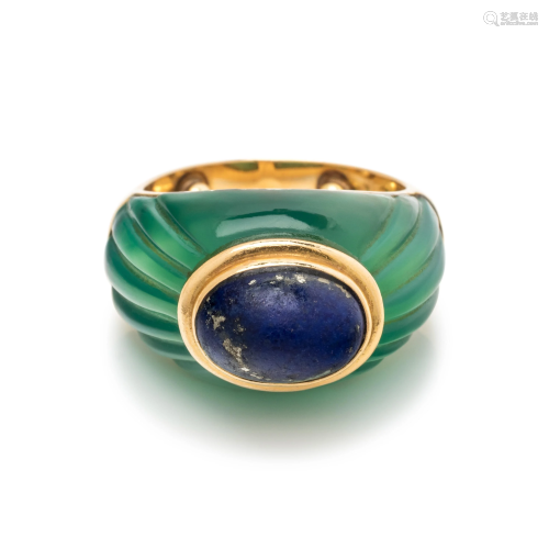 FRENCH, GREEN CHALCEDONY AND LAPIS LAZULI RING