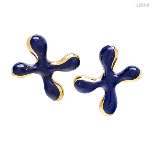 ANGELA CUMMINGS, YELLOW GOLD AND LAPIS LAZULI EARCLIPS