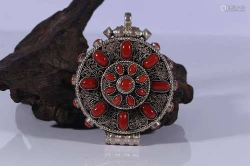 Nepal Sterling Silver Coral Embeded Portable Buddhist