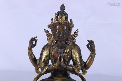 Tibet Two Colors Gilt Bronze Embeded Gems Four-Armed