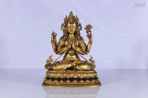 Tibet Gilt Bronze Four-Armed Avalokiteshvara Figure