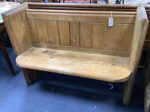 A Victorian pitch pine pew, length 112cm, depth 44cm, height...
