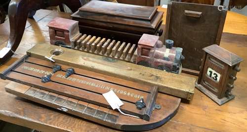 A Shove Ha'penny board, a Preston & Sons brass-mounted spiri...