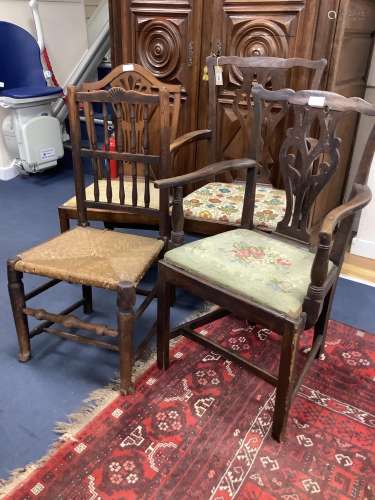 A Georgian mahogany elbow chair and three other single chair...