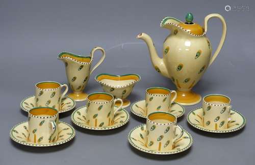 A rare 1930s Susie Cooper coffee set, pattern E283, triangul...