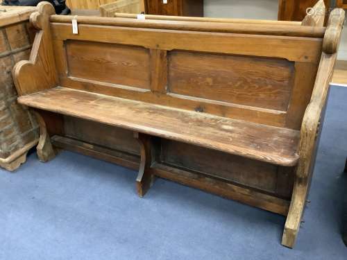 A Victorian pitch pine pew, length 156cm, depth 44cm, height...