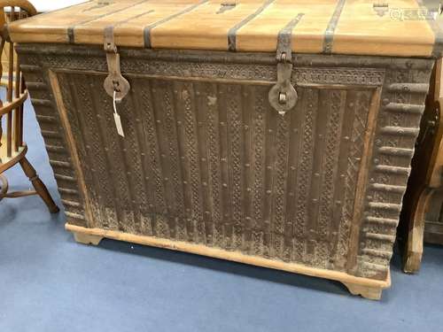 An Indonesian iron bound hardwood trunk, length 122cm, depth...