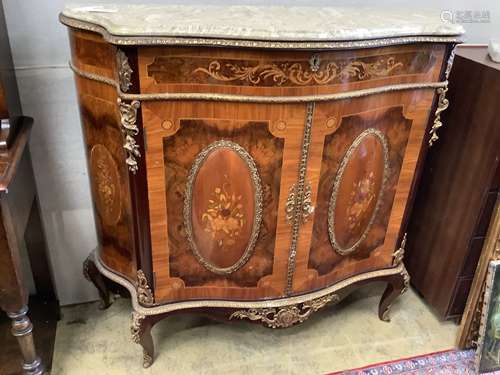 A Louis XV design marble topped two door cabinet, length 116...