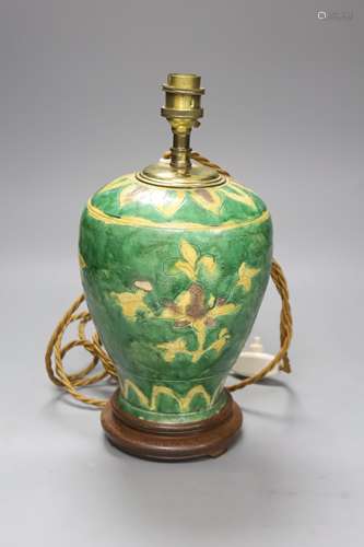 A Chinese sancai jar, Ming dynasty, mounted as a lamp, overa...