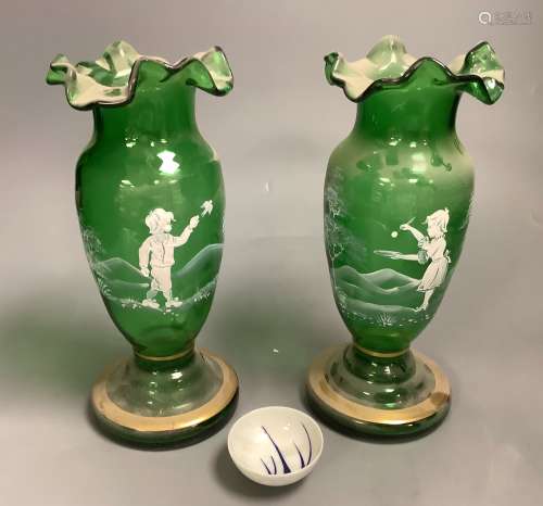 A pair of Mary Gregory style green glass vases and a soy sau...