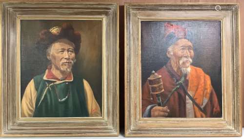 A pair of oils on canvas of Tibetan figures holding prayer w...