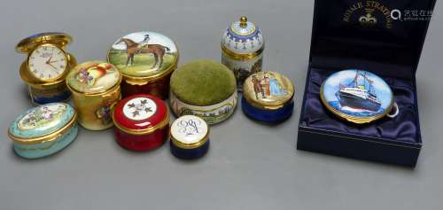 Nine enamelled boxes (one containing a watch, one with music...