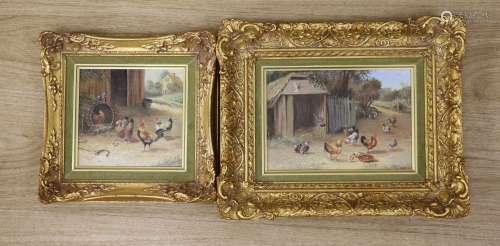 D.E., two oils on panel, Chickens in farmyards, 13 x 14cm an...