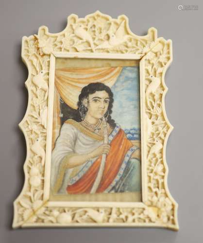 An Indian miniature gouache on ivory in a Chinese Ivory fram...