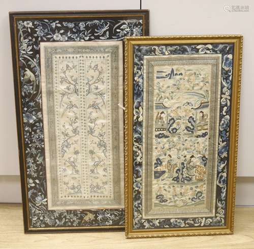 Two framed Chinese late Qing embroidered silk panels71 x 39c...