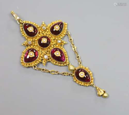 A 19th century yellow metal, foil backed garnet, seed pearl ...