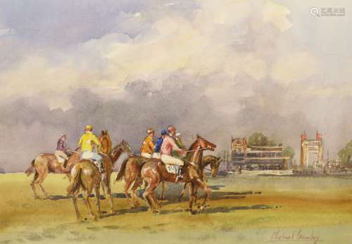 Michael Crawley, watercolour, The Line Up at Newmarket, sign...
