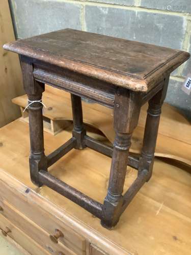 A 17th century style oak joint stool, length 44cm, depth 28c...