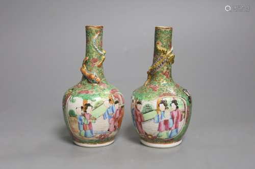 A pair of 19th century Canton bottle vases, height 14cm