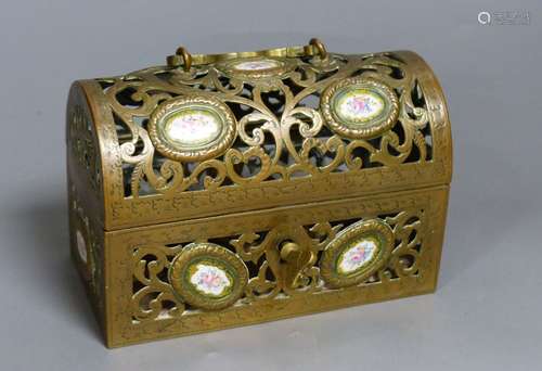 A 19th century French pierced and engraved bronze and enamel...