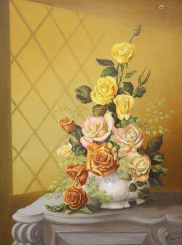 P. Patching, Still life of roses in a vase on a mantelpiece,...