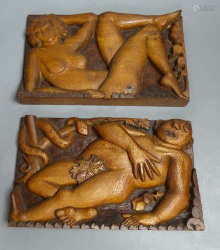 R.H. Harris, two carved wood panels, Adam and Eve, signed an...