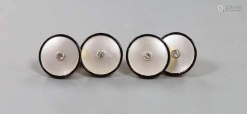 A cased pair of 18ct, mother of pearl, black enamel and diam...