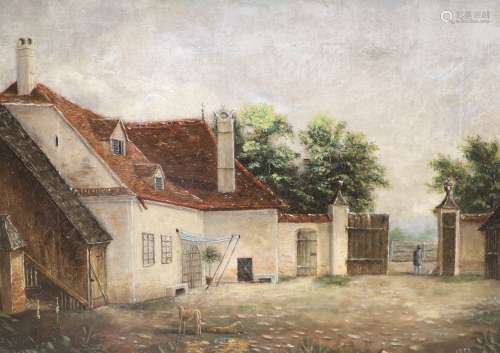 Victorian School, oil on canvas, Courtyard scene with dogs a...