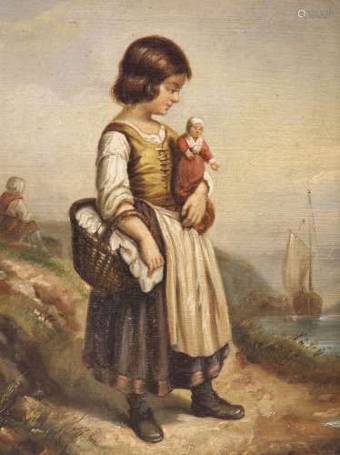 19th century French School, oil on canvas, Girl holding a do...