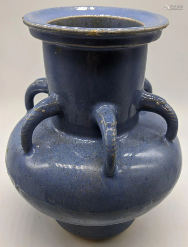 A Chinese Qing period blue glazed pottery vase, six