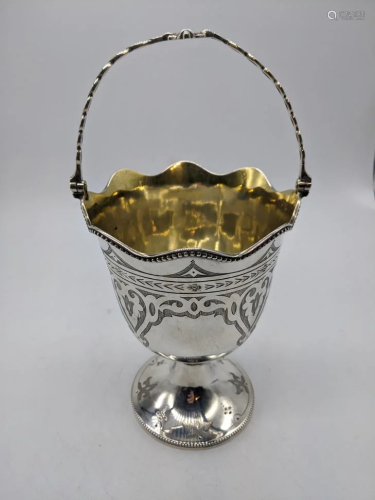 A Victorian silver sugar basket, etched decor, swing