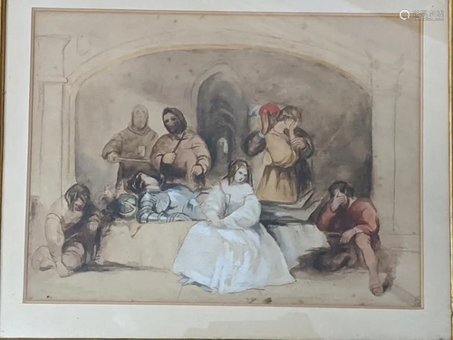 A Victorian Medieval Revival watercolour depicting a